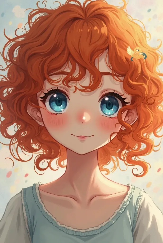 Curly ginger hair young woman with blue eyes anime