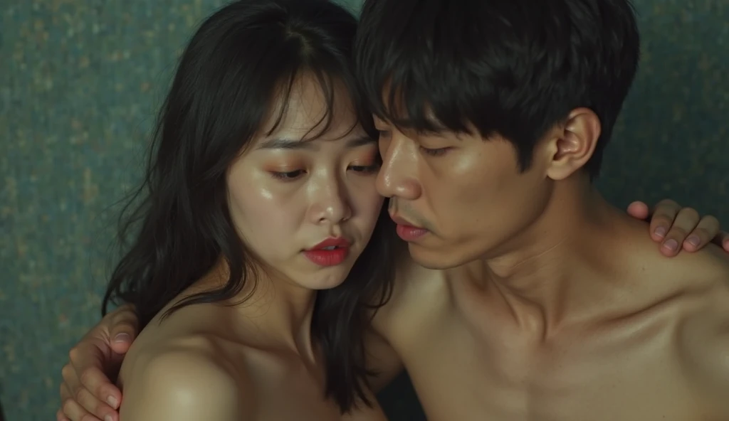 Korean handsome brother holding Japanese beauty face on woman's back close up camera,  Great scene from the movie   ,  Film Screenshot ,  Wang Cheng,  Film Screenshot ,  Movie Scenes, Movie Scenes, Electric section,  Movie Stills ,  LOW QUALITY SHOT ，Two m...