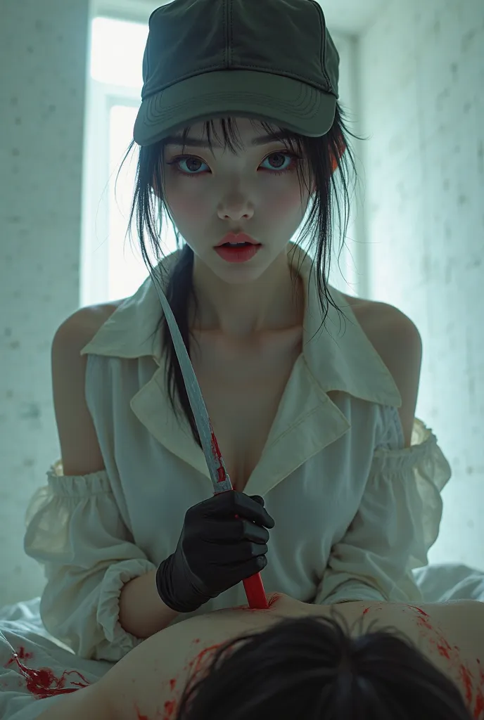  Korean girl , (behind a fallen corpse，awkward portrait of, Take a knife), prick,  black gloves , White Room,Trucker Hat, Bloody Knife ,  black gloves , Low Ponytail, woman on top, Behind the fallen body of a naked girl, Blood,  in bed,  girls only  , Look...