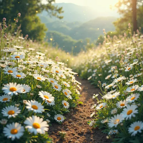 
A flower garden with white daisies 
Lots of daisies everywhere 
Golden sparkles 