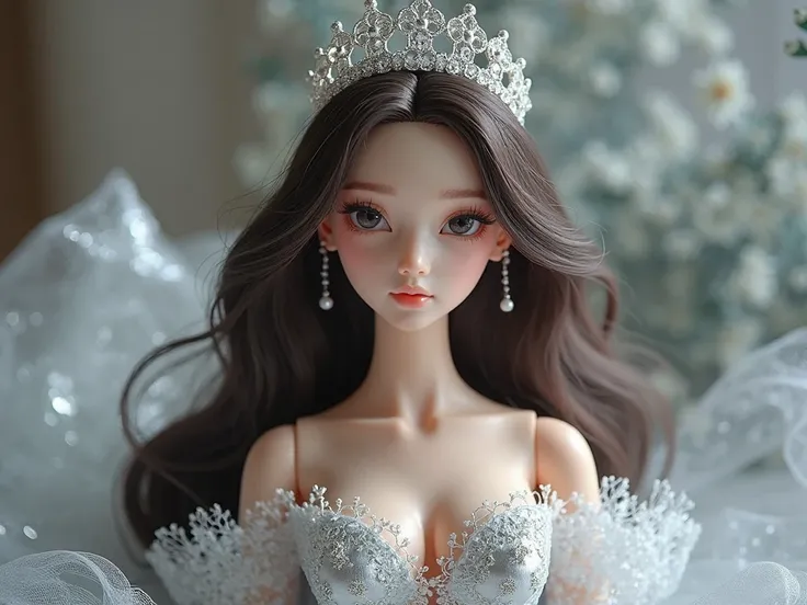 anime and manga doll with long dark brown hair with princess crown and shiny silver gala dress