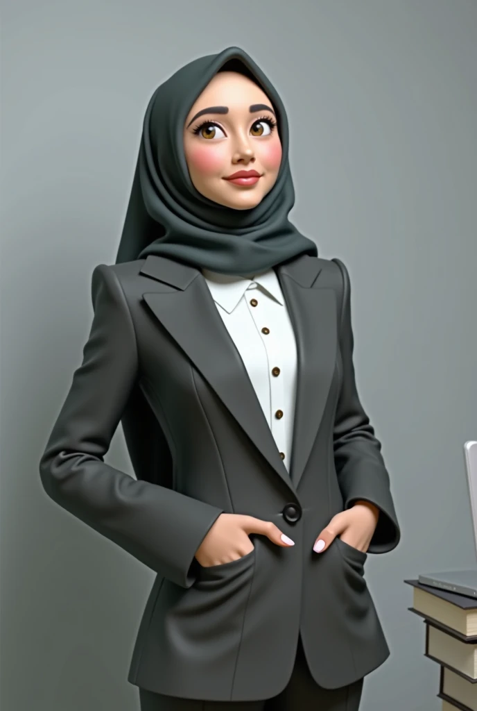 "A cinematic Pixar-style 3D illustration of professional hijab lawyer