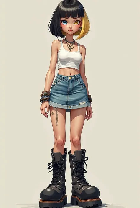 an Asian character, who has heterochromia, one blue eye and one black eye, who has bob hair, one side black and the other blond, who wears a white tank top and a stylish denim mini skirt, and a very large platform boot, she also has some piercings in her m...