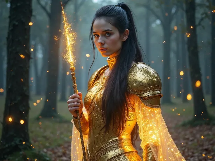 A 25 years old woman who has long black hair in a ponytail, has blue eyes and pale white skin. She is wearing a golden iron armor that emits light, and she holds a wand of light. She is standing like a light that shines so bright in a dark forest as a back...