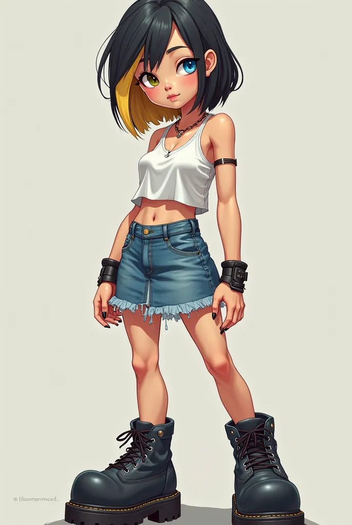 an Asian character, who has heterochromia, one blue eye and one black eye, who has bob hair, one side black and the other blond, who wears a white tank top and a stylish denim mini skirt, and a very large platform boot, she also has some piercings in her m...