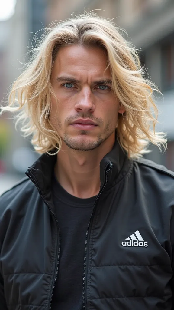  A Man,  blond hair,  moving with the beat of the wind.  The muscular body, Strong and of an infinite sensual beauty, Perfectly beautiful face and always the same. Trendy clothes from the brand "adidas" in evidence and the logo in the upper left corner,  b...