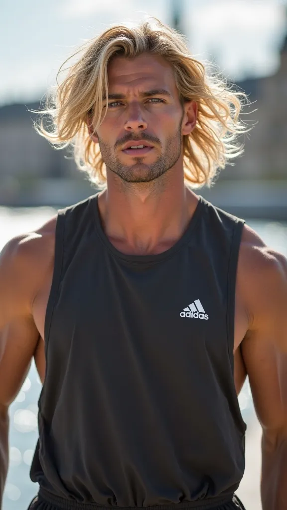  A Man,  blond hair,  moving with the beat of the wind.  The muscular body, Strong and of an infinite sensual beauty, Perfectly beautiful face and always the same. Trendy clothes from the brand "adidas" in evidence and the logo in the upper left corner,  b...