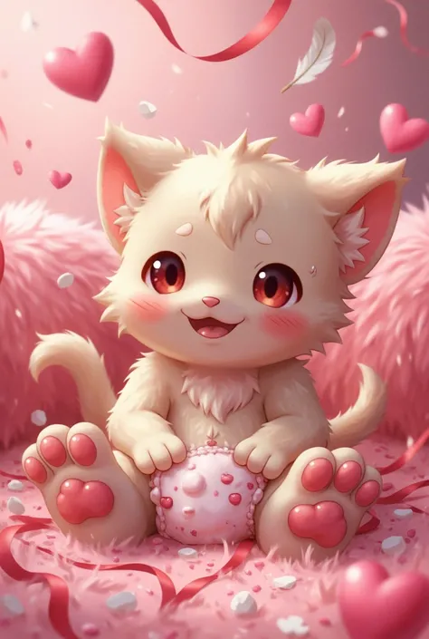 Cat orcs，pink meat pad，Fuzzy toy background， cute style， of Valentine's Day ，Ribbon，A diaper that is fluffy like marshmallow，feather，Tickling，two-dimensional Q print style，Unrealistic style