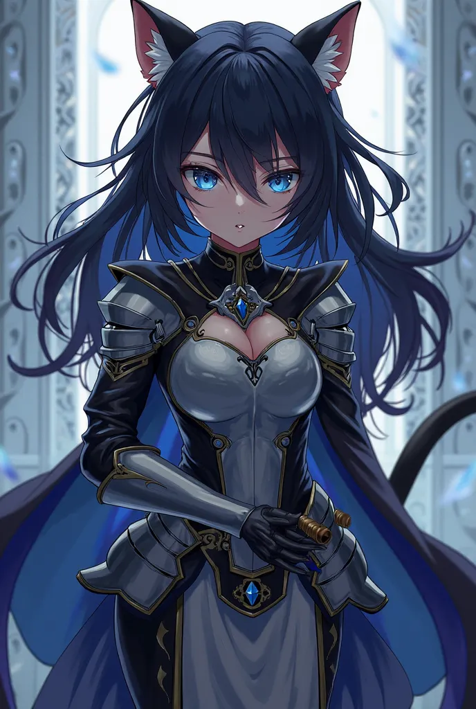 Cat girl with branchy black hair, in the form of a knight from the anime Re:Zero, blue eyes, medium height, looks at the viewer,top view, Breasts, Tooth.