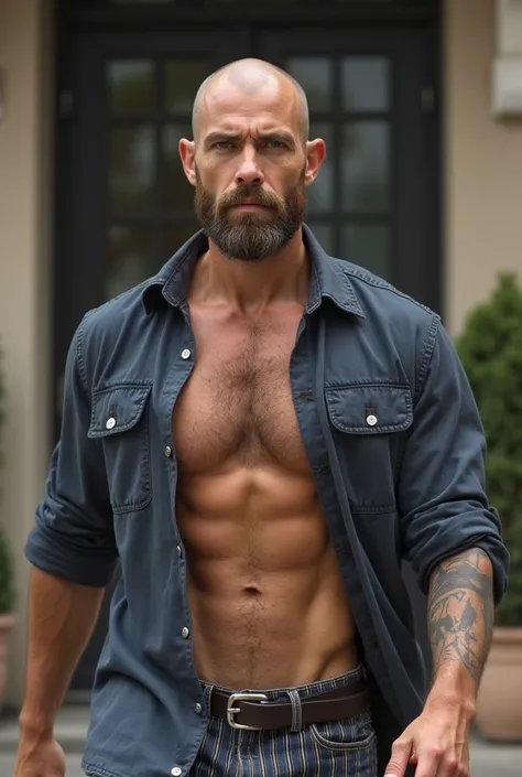 Square face with attractive features, high cheekbones, highly erotic, most sexie. realisticic, Handsome nordic spaniel man, bald, corpo malhado, Very big muscular a hairy man ,  strong and muscular legs , casual dress,  unbuttoned shirt , belt, striped jea...