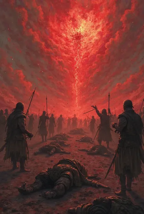 A dramatic scene of Yajuj-Majuj warriors falling to the ground in agony, their faces contorted in pain as an invisible, divine force strikes them. The sky turns an ominous red, while the warriors’ once mighty forms are reduced to lifeless bodies.