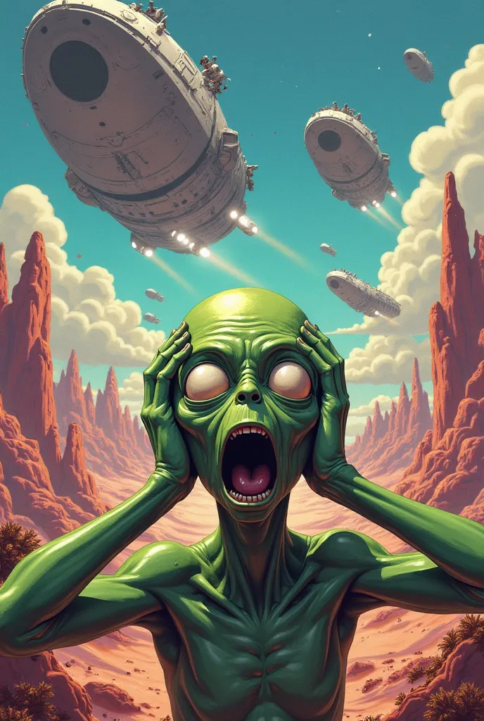 Create a detailed illustration of an alien in complete despair at the sight of human ships landing on their planet. The alien must have wide-eyed, their mouths open in shock and hands on their heads, conveying an exaggerated expression of panic. Your skin ...