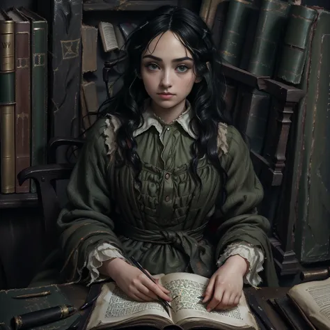 Young (A daughter of Severus Snape: (European girl, black hair, green eyes)) with a like face. elegant, sober. enigmatic look. Renaissance era. Beautiful dress,  dress, with neckline. haired woman, beautiful, wavy hair. Sitting in a library or office