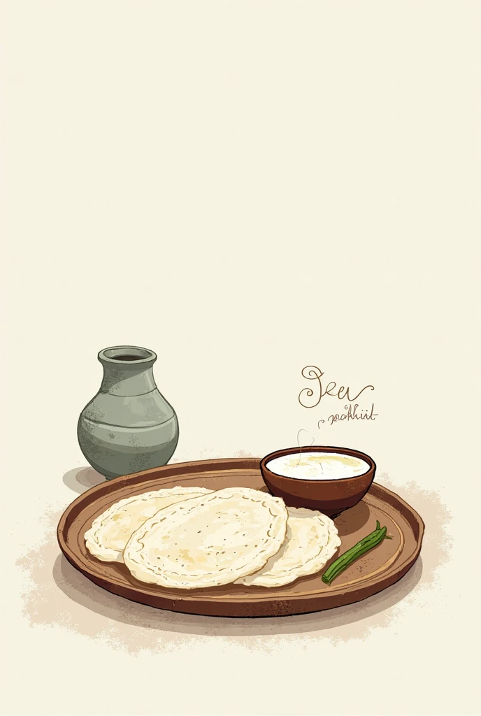 Schematic plate showing a white pathiri with coconut milk Kerala breakfast the photo should be in illustration