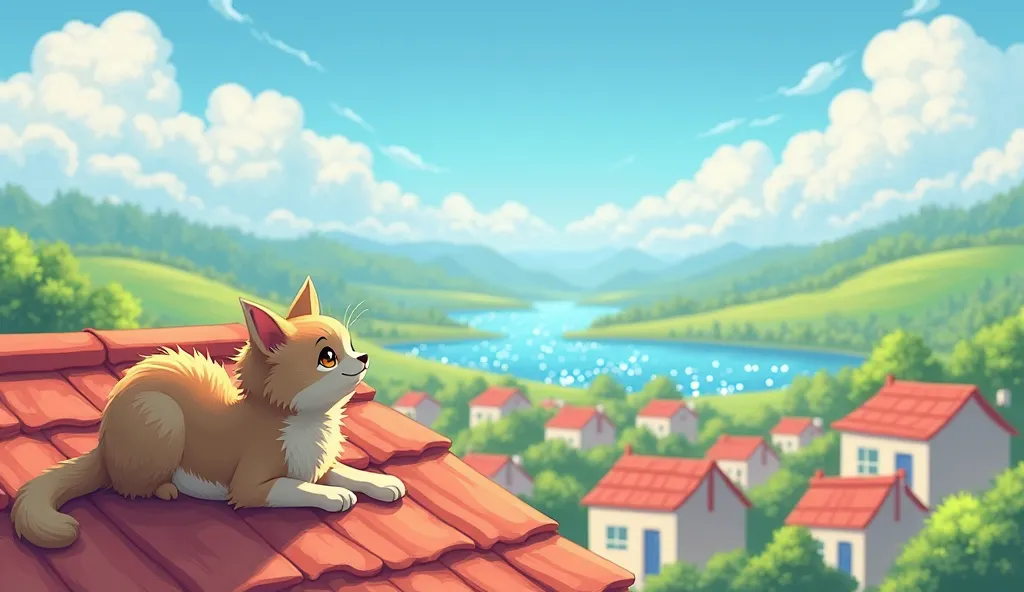 "A sunny afternoon on a small town's roof, with a curious cat named Whiskers, stretching lazily and a happy dog named Pup, wagging his tail. Both are looking up at the fluffy white clouds floating in the blue sky. The town below has pastel-colored houses, ...