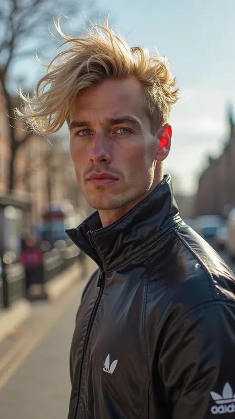  A Man,  blond hair,  moving with the beat of the wind.  The muscular body, Strong and of an infinite sensual beauty, Perfectly beautiful face and always the same. Trendy clothes from the brand "adidas" in evidence and the logo in the upper left corner,  b...