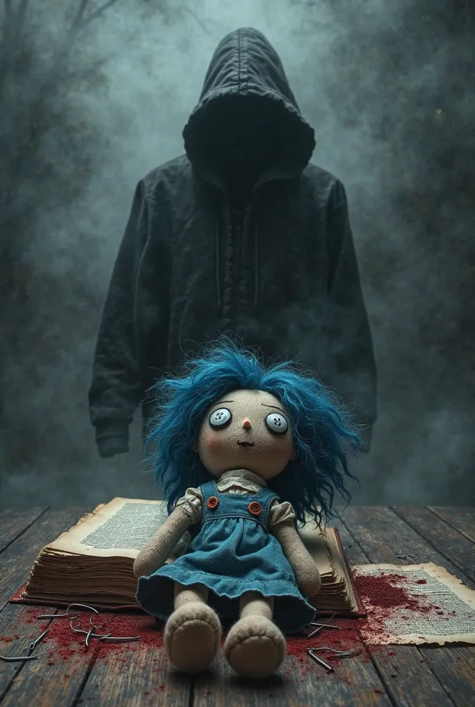 A cover for a psychological and supernatural horror book,  in black and white, that emits a dark and gloomy energy. In the center there is a voodoo rag doll with blue wool hair and buttons in his eyes that rests on a wooden table full of needles, Blood and...