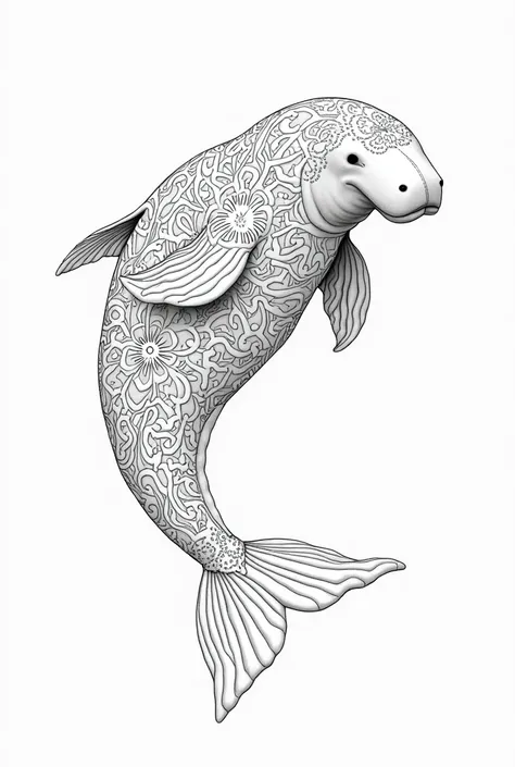 A dugong with intricate, difficult patterns inside of it, with no color, no shades inside of it, and no black spots inside of it. for adult coloring book. 2d

