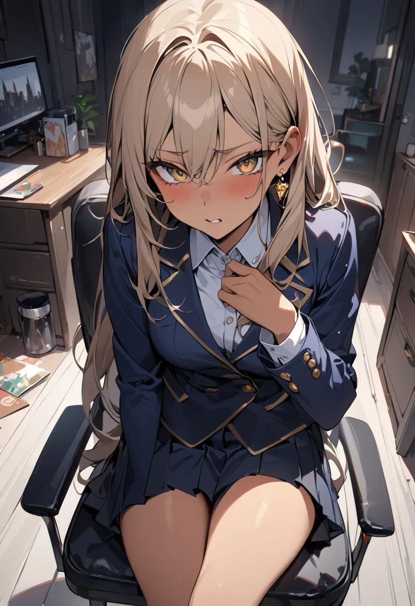 ((Greatest Masterpiece,super high quality:1.2)),(super resolution),(solo),cowboy shot,Slender, small-breasted high school girl sitting on a chair in her apartment, healthy tan skin , beautiful face,Light brown long hair,perfect golden eyes,stares, make a d...