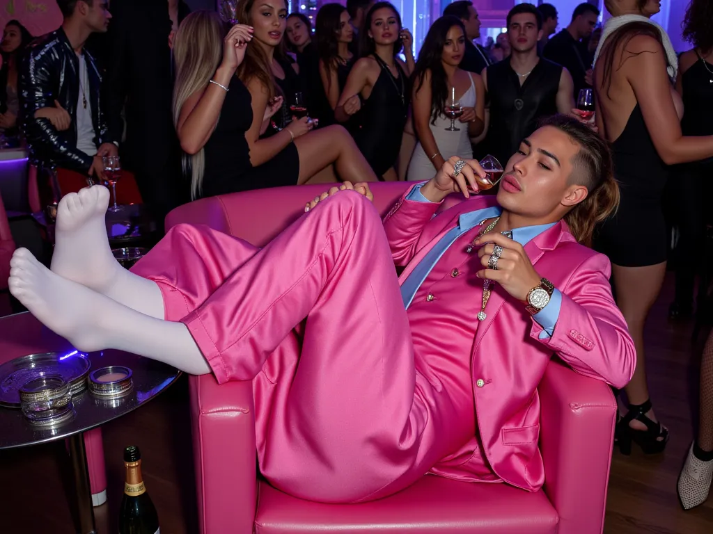 chic nightclub full of people , full body view, a handsome dapper man with down syndrome, with lifted face, huge thick swollen luscious siliconed flxBimboLips963 lips but hyper-tiny short nose, in his white sheer nylon-socks, no shoes, in dapper pink silky...