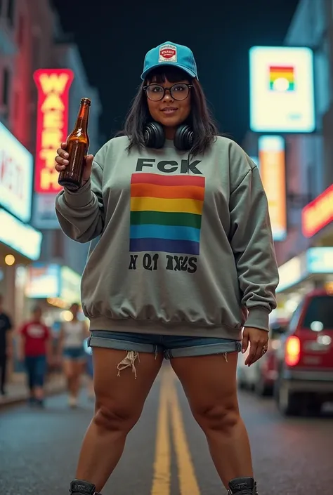  Woman, Oriental, 30 years, obese, straight black hair with very short bangs, she is beautiful. on her head a blue cap with the design of a red and white pill. wears a very wide gray sweatshirt with a square with the colors of the rainbow and the word FCK ...