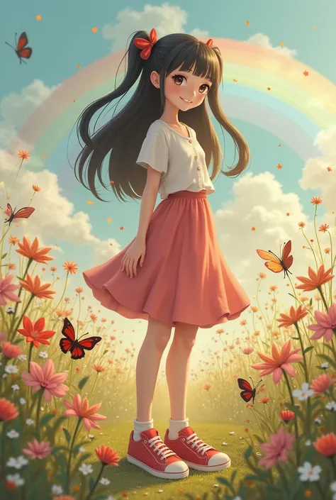 full body photo, Realistic Face, Realistic Skin, pale skin, A girl with long, two-pronged dark hair, Looking ahead,  cute smile,  red sneakers, Outdoor field, lots of flowers and butterflies sitting on flowers, rainbow, Reflected light, High definition, su...