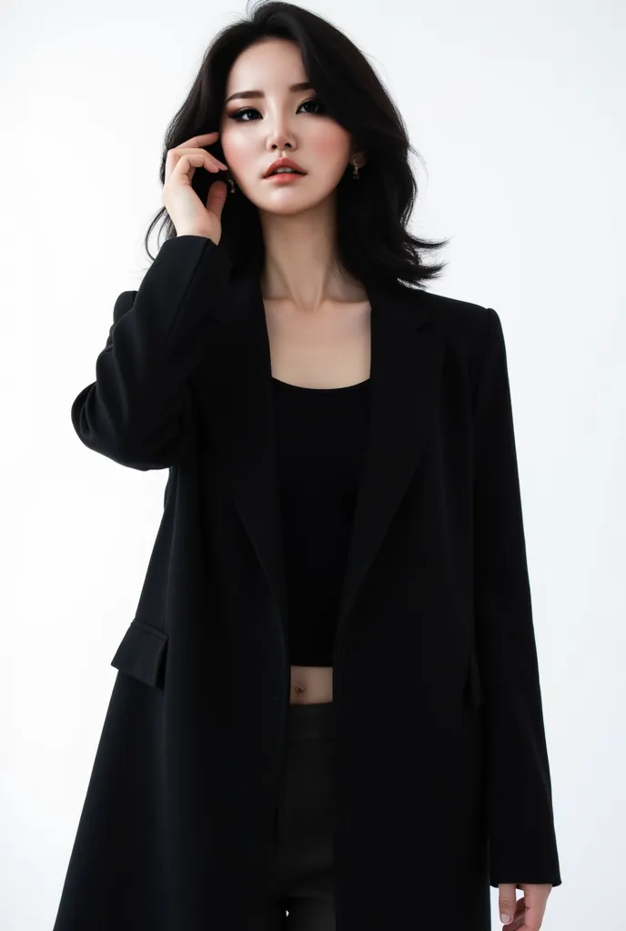 a woman, looking straight ahead, with one hand in her hair, wearing a stylish black overcoat and black T-shirt underneath, against a white backdrop