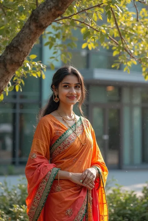 Generate a 10 to 15 images of south indian chennai girl working in IT industry wearing chutidar stand near tree outside the IT office not like AI image realistic and images all are in same face