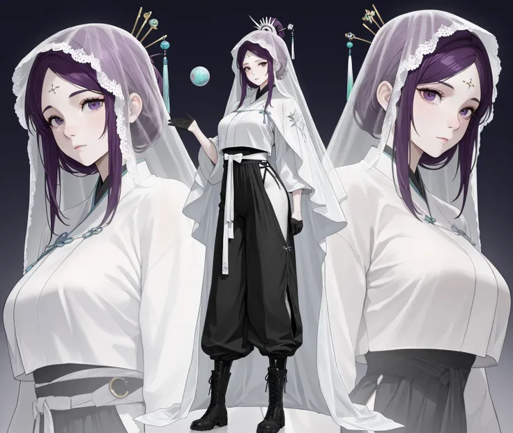 height: 165cm, weight: 53kg, hair: Soft, long, purple hair, eye: Blue-green irises, slightly drooping eye corners, and round, large eyes, nose: The tip of the nose is round, skin: pure white skin, Face type: Puppy face, body: s line, Clothing: White see-th...