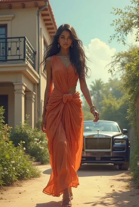 "Create a beautiful indian girl walking with a subtle sense of sadness in her expression. In the background, depict a normal house with a glass-grilled balcony. Parked in garden front of the house is a Rolls Royce, adding a touch of luxury. The scene shoul...