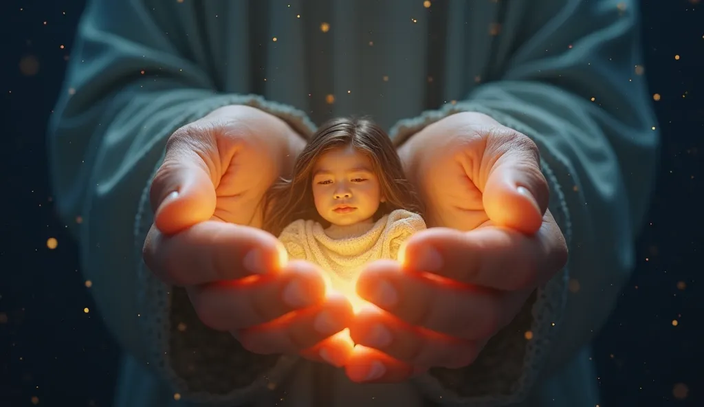 A pair of giant glowing man hands gently cradle a small, fragile figure (a sad person) in the middle of a vast, dark space. The hands emit a warm, golden light, symbolizing God's love and protection. The person looks relieved, resting in God's hands with a...