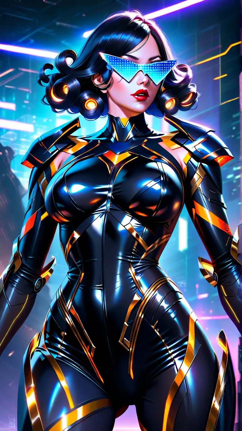 Character woman cyborg curly hair color black , blue eyes with futuristic glasses red lips with black clothes latex gold details, in a cyberpunk world (gigantic breasts)