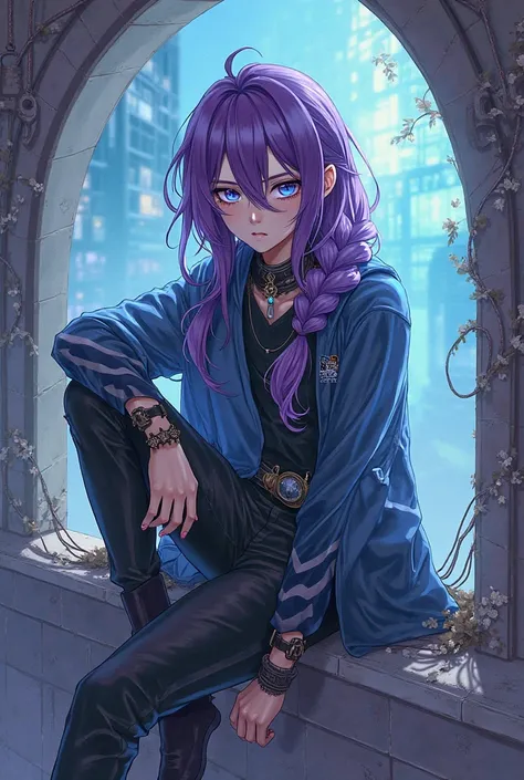 Omega boy, slightly long purple hair, sky blue eyes,  light leather balcony. Comic or anime version