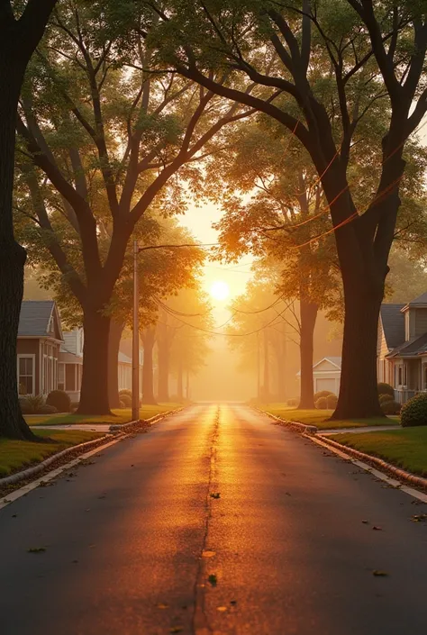 A quiet suburban street at sunrise, bathed in golden light. The sun is low on the horizon, casting long shadows and creating a warm, misty atmosphere. Tall trees with lush leaves frame the road, their branches swaying gently. Power lines stretch across the...