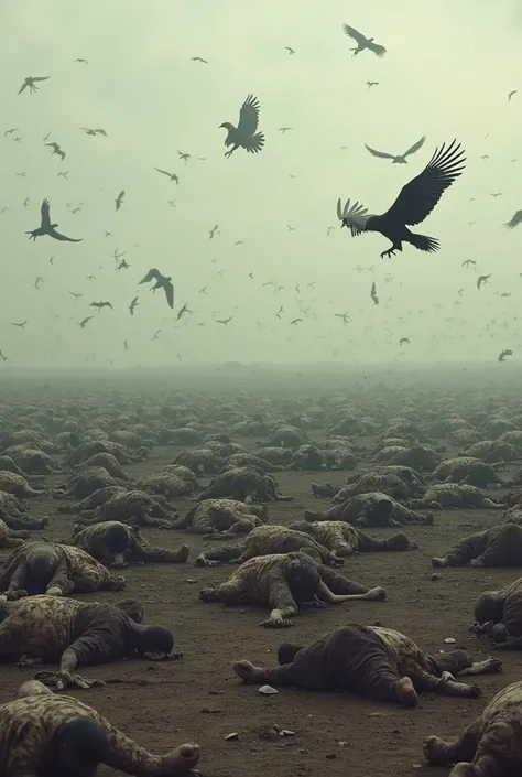 A chilling image of the battlefield, where the bodies of Yajuj-Majuj stretch across vast, barren lands. The ground is littered with decaying bodies, and vultures circle in the air above, creating a haunting silence in the aftermath.