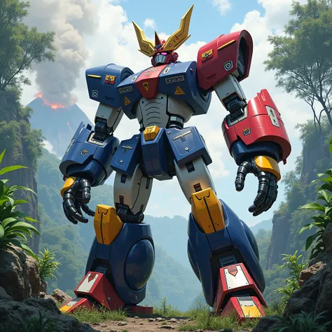 (Fusion combined with gorilla robots , antelope and penguin coming together to form a single ),  Megazord robotic style    , mecha, metallic finishes  , very robust, ((the colors on the top are red and black)), ((The colors on the bottom are blue and yello...