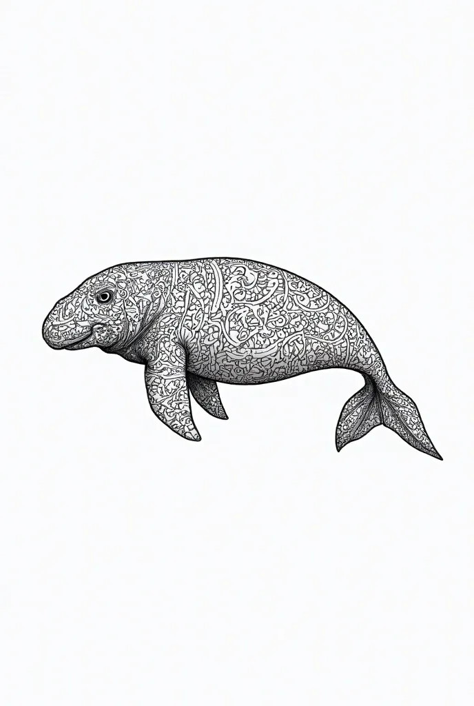 A dugong with intricate, difficult patterns inside of it, with no color, no shades inside of it, and no black spots inside of it. for adult coloring book. 2d not 3d

