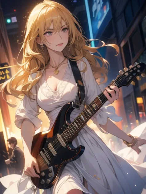 最high quality,  super fine, 16k, very detailed, 2.5D, delicate and dynamic, beautiful woman playing electric guitar, cool star shaped gold body guitar,最high quality, masterpiece. (Cinematic Digital Art: 1.3), high quality, masterpiece, 最high qualityの, Supe...