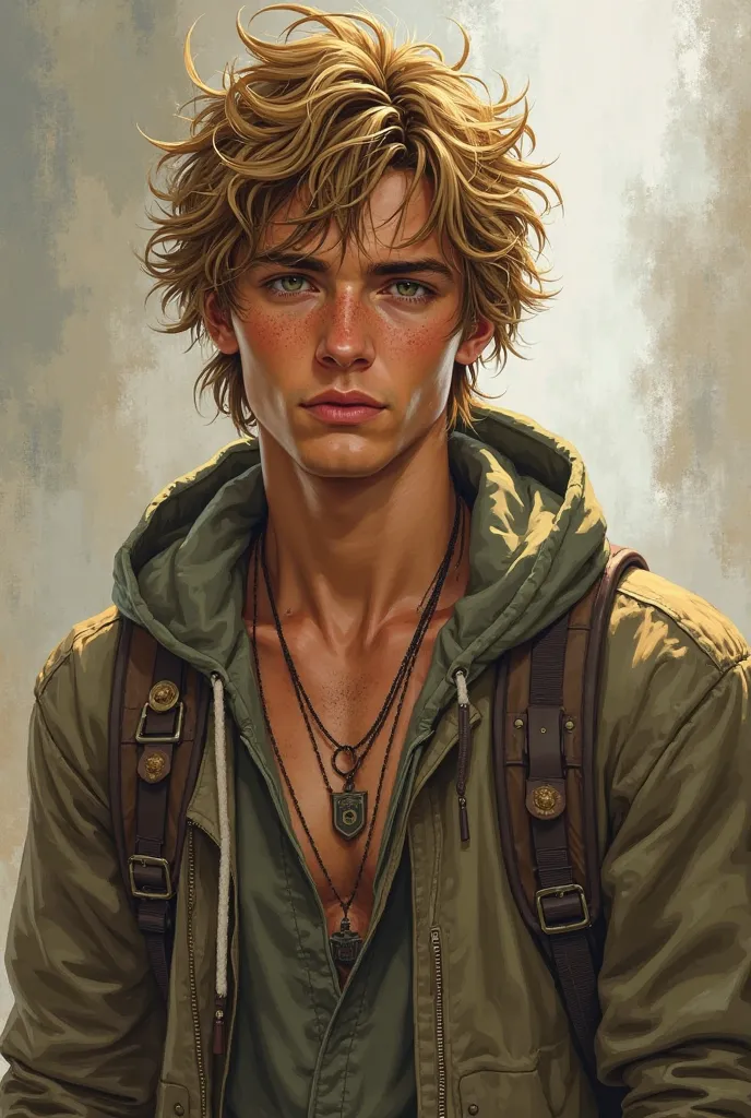 Gender: male Hair: Tousled golden-brown hair that always looks effortlessly messy. He never bothers fixing it.
	•	Eyes: Mischievous hazel eyes that shift between green and brown depending on the light.
	•	Skin: Light tan, freckles across his nose.
	•	Build...