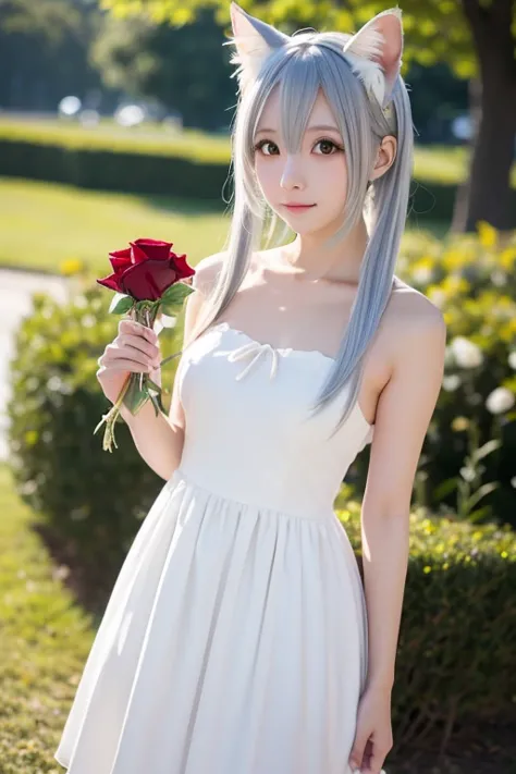  wearing a white dress 、There is a woman with red roses in her hair, anime  cosplay, anime girl  cosplay,  cosplay photo,   in the anime style of Fujifilm  ,  cosplay, White-haired goddess,   beautiful fox woman  ,  cosplayer, White cat girl, Girl Silver H...