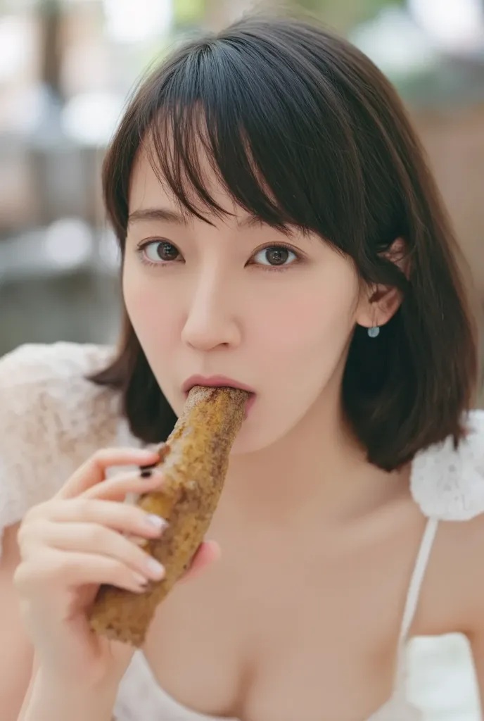   A woman opens her mouth while eating a white banana ,  A man ejaculates on a woman's face  、  A man ejaculates on a woman's face  、     nipples at shooting location   、      white skin、     Detailed Facial Features,Bob hair with bangs   、      beautiful ...