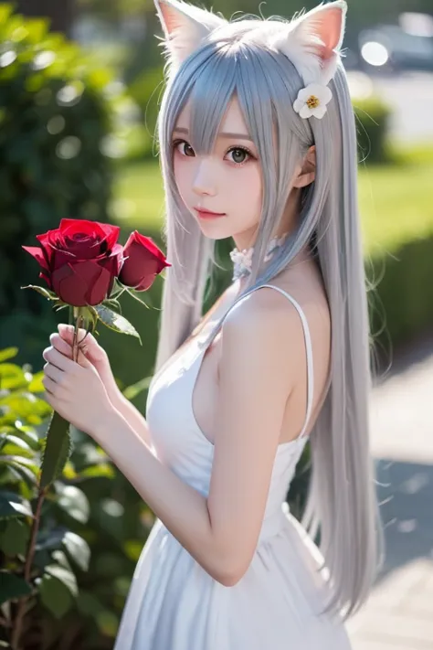  wearing a white dress 、There is a woman with red roses in her hair, anime  cosplay, anime girl  cosplay,  cosplay photo,   in the anime style of Fujifilm  ,  cosplay, White-haired goddess,   beautiful fox woman  ,  cosplayer, White cat girl, Girl Silver H...