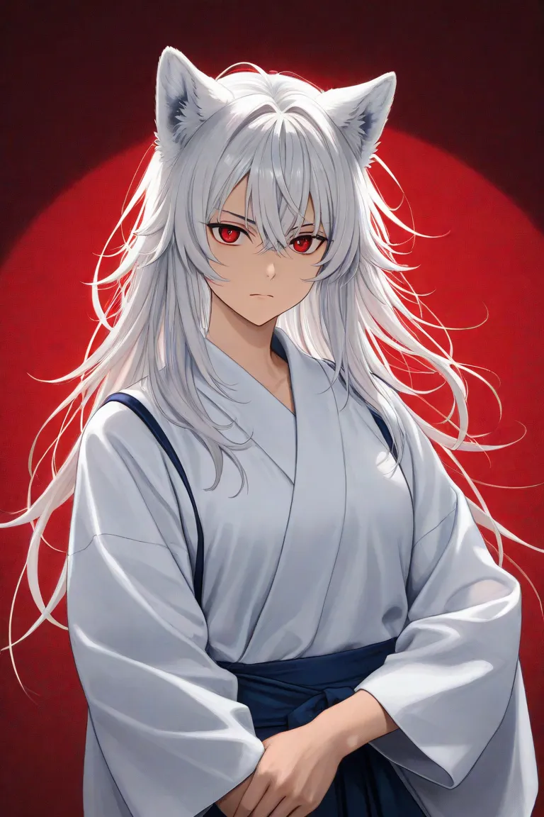  Long-haired man , messy white hair,  young,  defined face ,  red eyes, tez blanca, kimono, broad torso,  medium muscles ,white wolf ears 