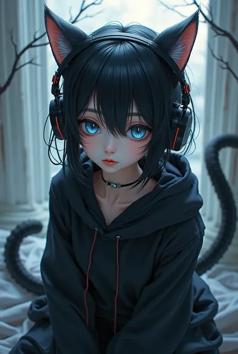 Cat girl with branchy black hair, in a black hoodie, blue eyes, medium height, looks at the viewer,top view, Breasts, Tooth., hair ornament, double cat tail,  headphones,  