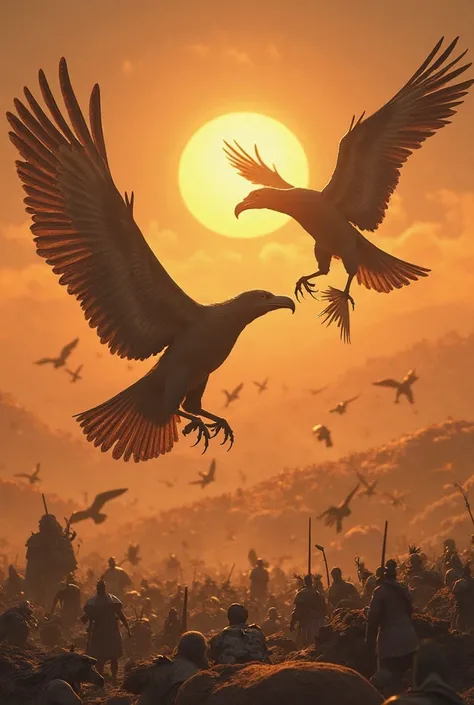 Majestic birds, their wings wide and graceful, swooping down with precision to lift the lifeless bodies of Yajuj-Majuj. The sun shines brightly on the horizon, as the birds carry the fallen warriors away, restoring the earth’s balance.