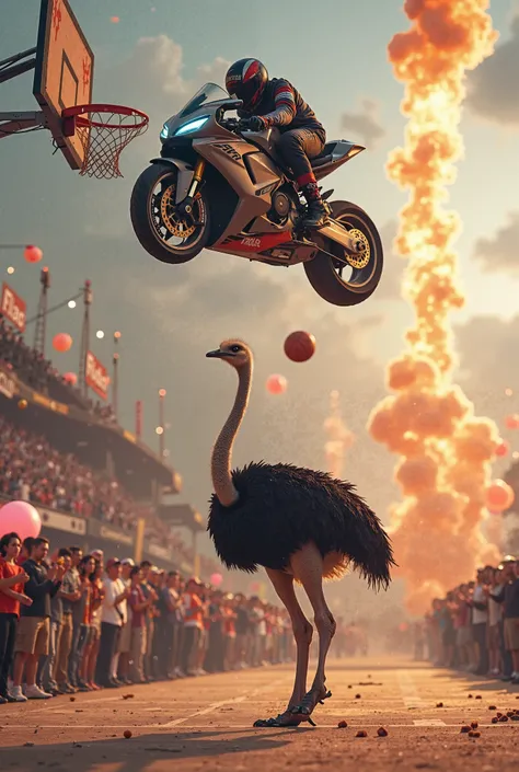 Sport bike flying while an ostrich makes a basketball hoop, The crowd cheers and lots of explosions 
