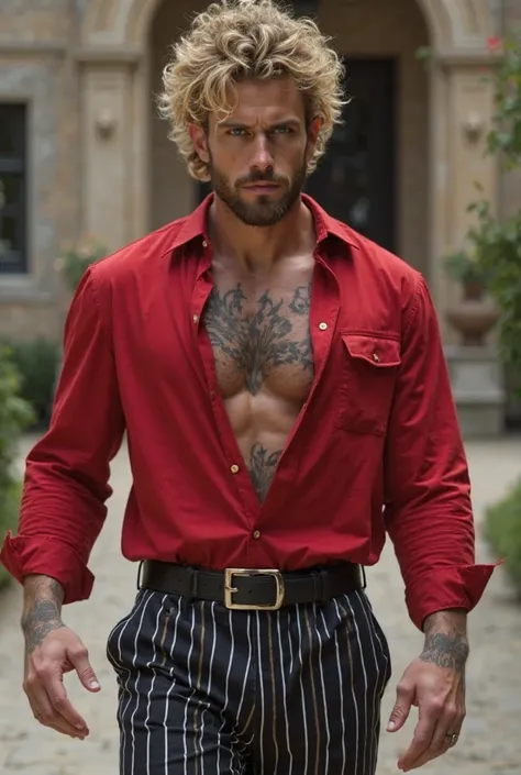 Square face with attractive features, high cheekbones, highly erotic, most sexie. realisticic, Handsome nordic gypsy man with curly blonde hair , corpo malhado, Very big muscular,and muscular, strong and muscular legs , casual dress,  unbuttoned red shirt ...