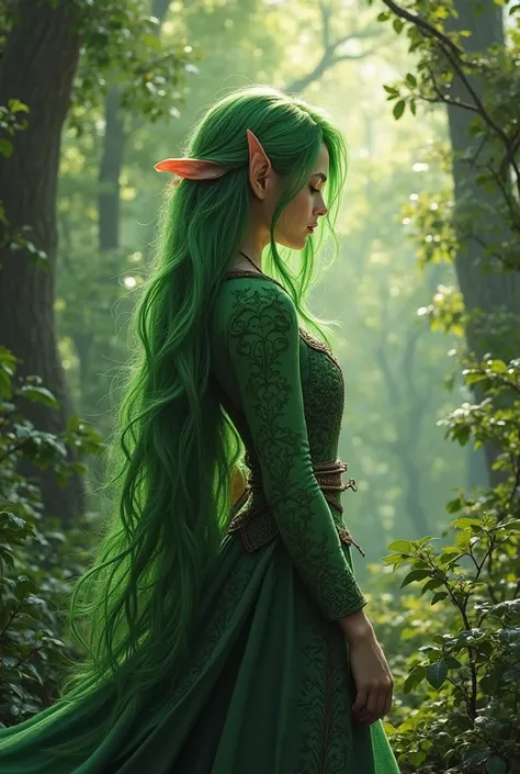 Deep in the enchanted forest, there lived an elf named Lyra, with long green hair like the freshest leaves of spring. Her mission was to protect nature and all the living beings that lived there.  Every day , walked among the trees, talking to the creature...