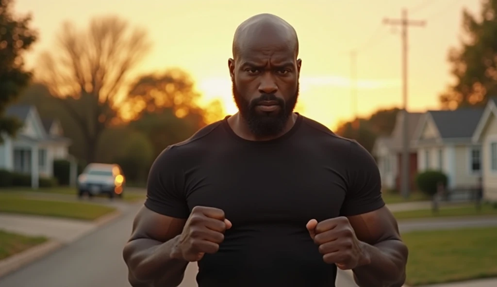 A strong, bald Black man with a beard, wearing a black tight-fitting T-shirt, standing in a suburban neighborhood with his fists clenched. His expression is determined and intense, showing resilience. The background is blurred with trees, houses, and a gol...