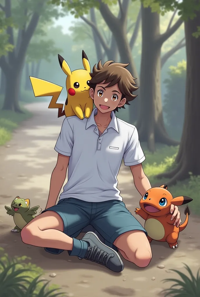 Create a brown-eyed Pokémon trainer character, Brown hair similar to the one in the photo with, pikachu, Charmander and Squartle next to him in the image, smiling. Create a version where that coach embraces Ash, Another character from the cartoon. 